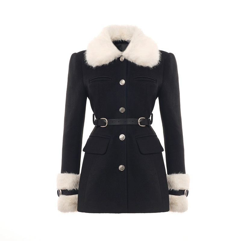 Monet Winter Love Song White Fur Collar Black Short Coat Dress