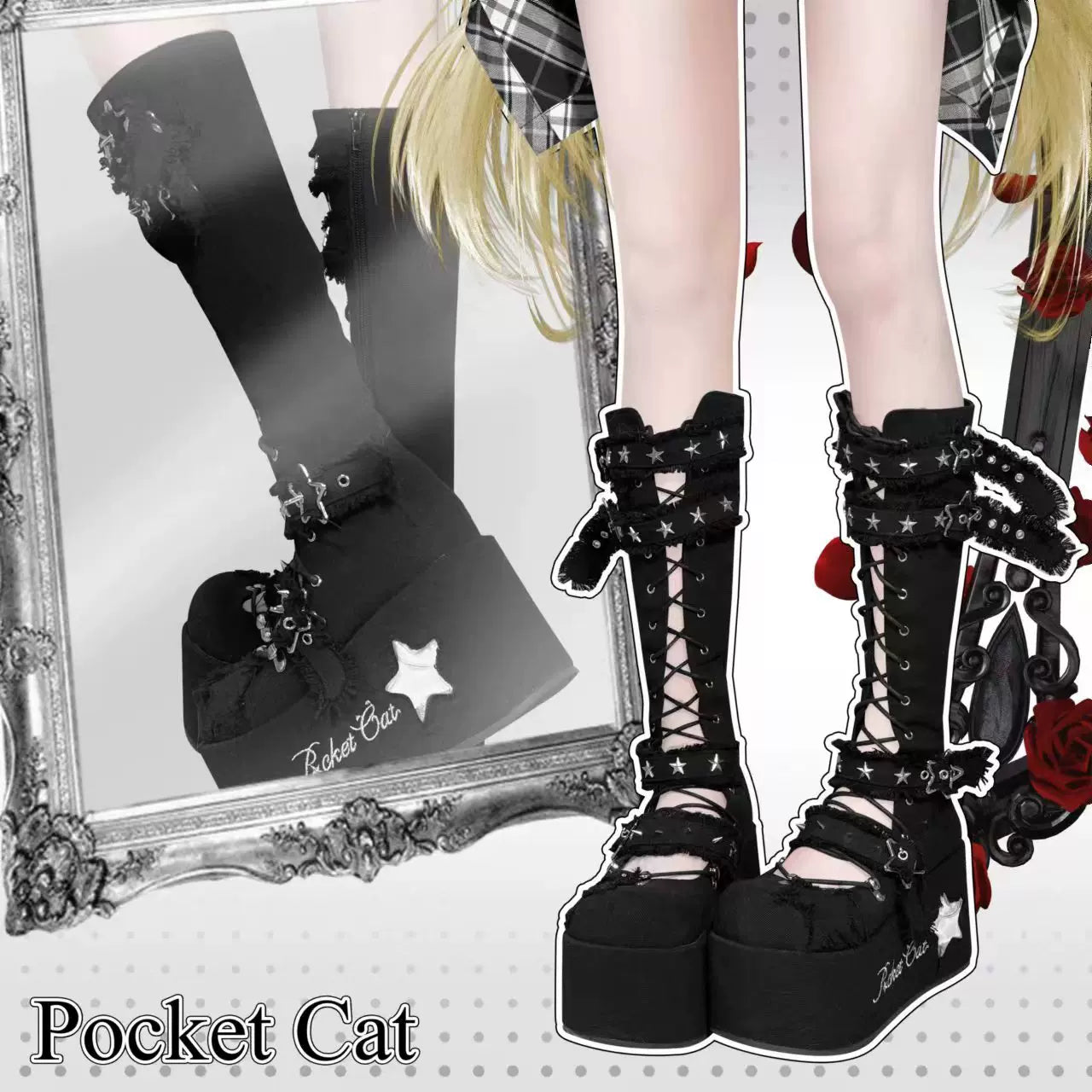 Pocket Cat Star Mark Black & White Chucky Knee High Boots