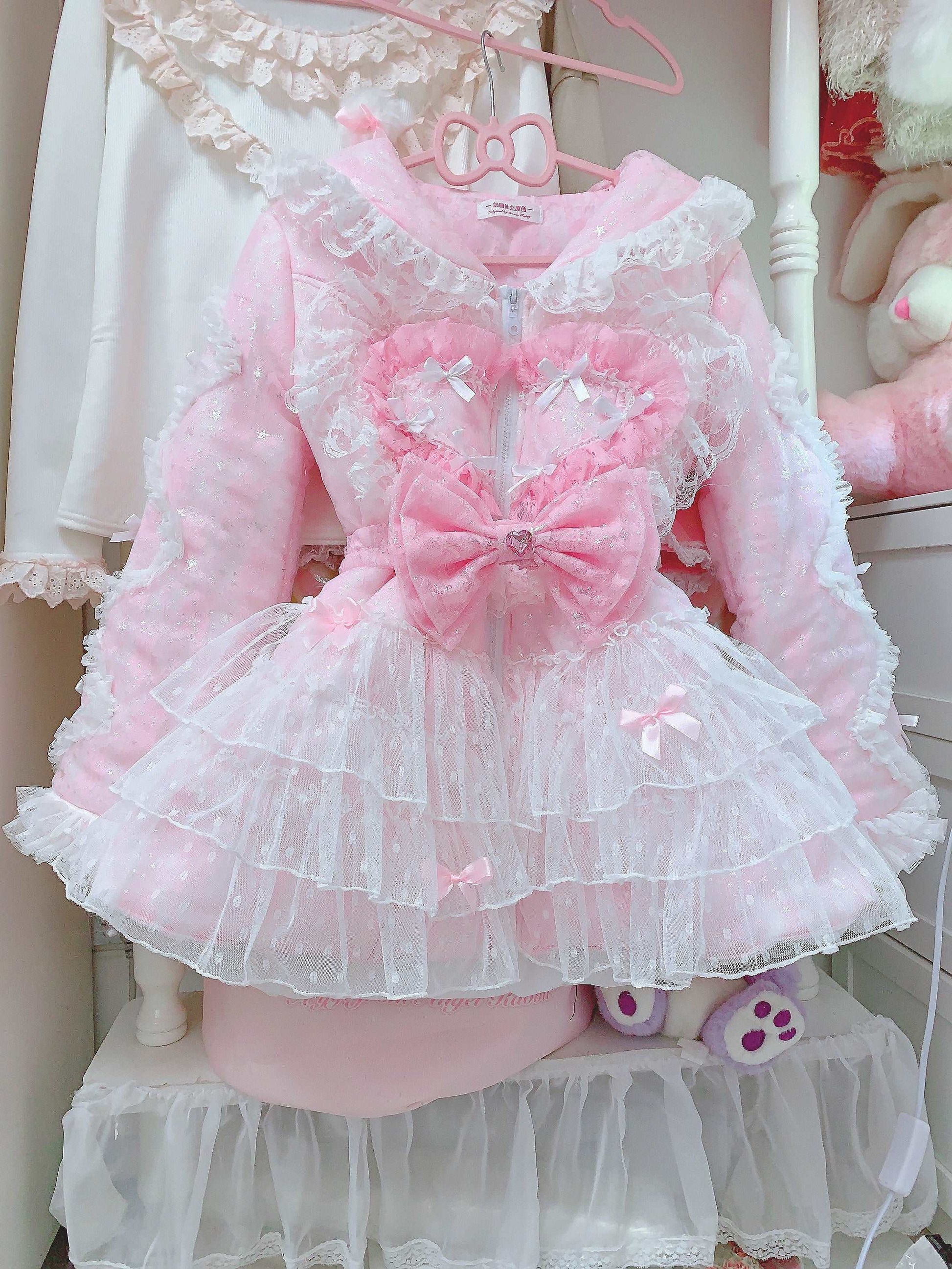 Candy Fairy Sparkling Pink Princess Bow Ruffled Thick Winter Coat Dress