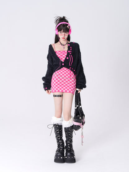 Young Eyes Hot Pink Black White Fall Checkerboard Bodycon Strap Dress & Plush Cardigan Jacket Two Piece Set