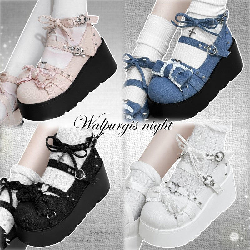 Walpurgis Night Pink White Blue Black Denim Gothic Lolita High Heels Shoes