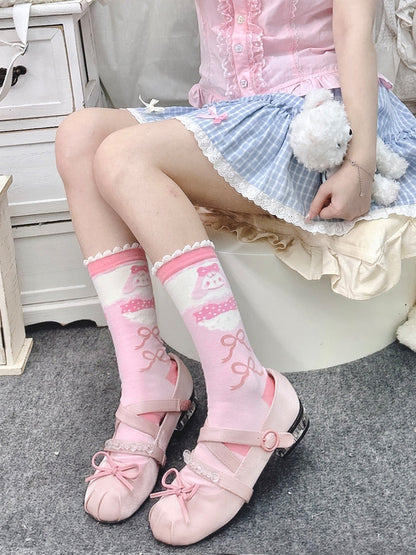 Chibi Strawberry Rabbit Pink White Lolita Socks