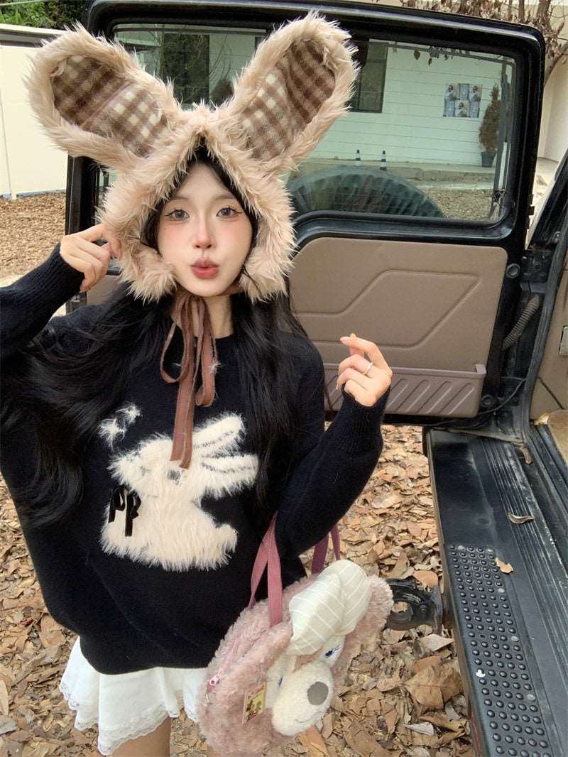 Cream Rabbit Bow Faux Fluffy Autumn Winter Black Pullover Sweater