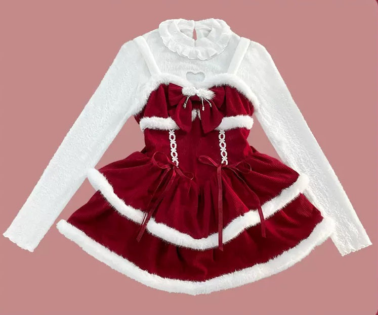 Serendipity First Snow Red Christmas Dress Sweater Cape Three Piece Set