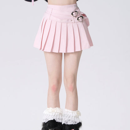 Young Eyes Pastel Pink White Black Double Belts High Waist Tennis Pleated Mini Skirt