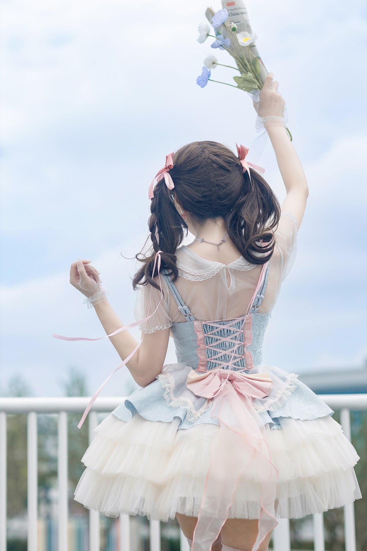 Lolita Rose Peach Blue Ruffled Princess Strap Dress