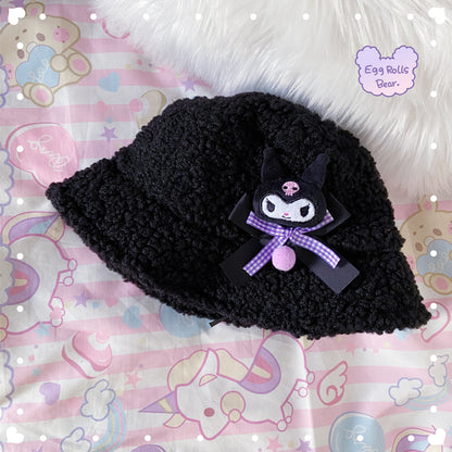 Cute Cartoon Purple Devil Melody Cinnamon Dog Pompom Winter Velvet Plush Bucket Hat