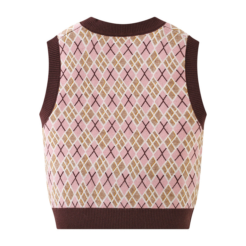 Fall Rabbit Brown Cute Argyle Pattern Knit Vest