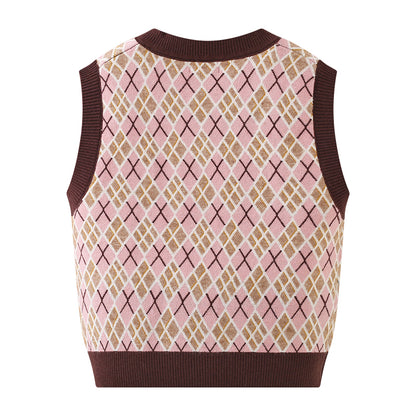 Fall Rabbit Brown Cute Argyle Pattern Knit Vest