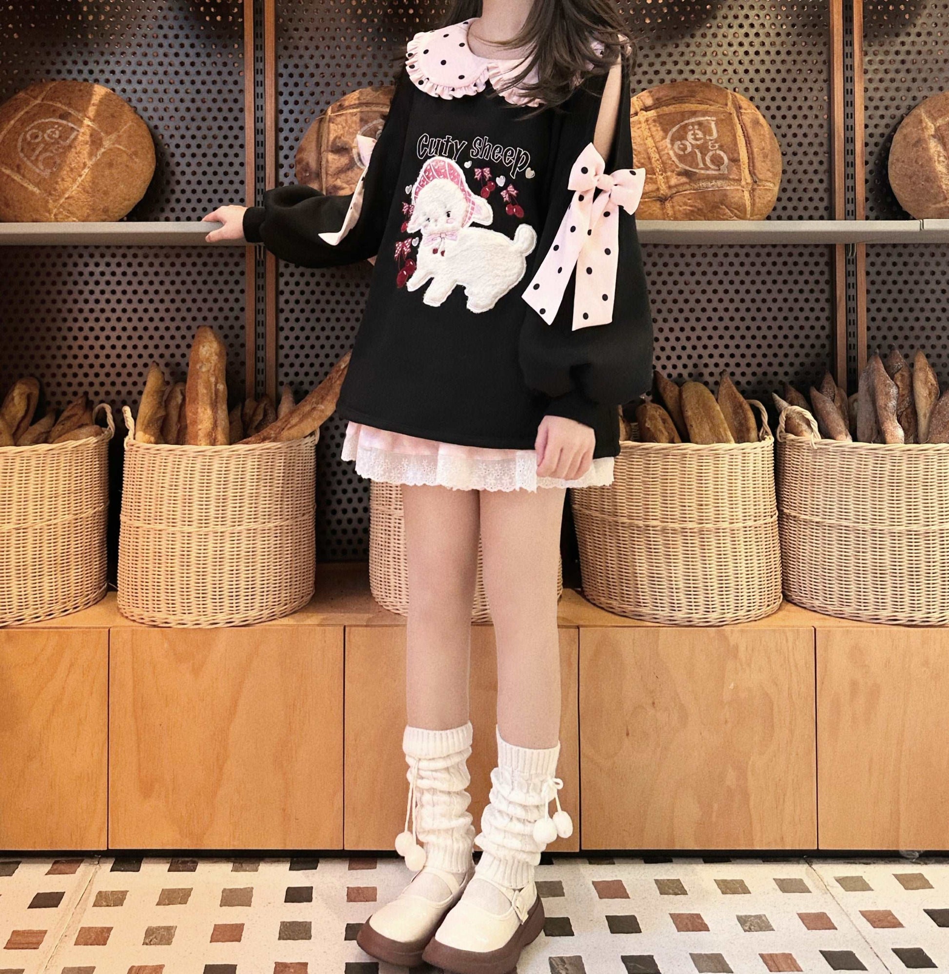 Cherry Sheep Embroidery Black Polka Dot Pink Bow Sweatshirt