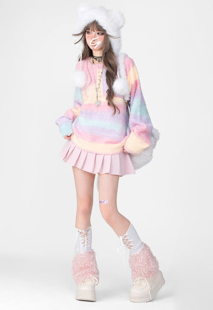 Young Eyes Autumn Winter Rainbow Soft Pastel Colorful Striped Round Neck Sweater