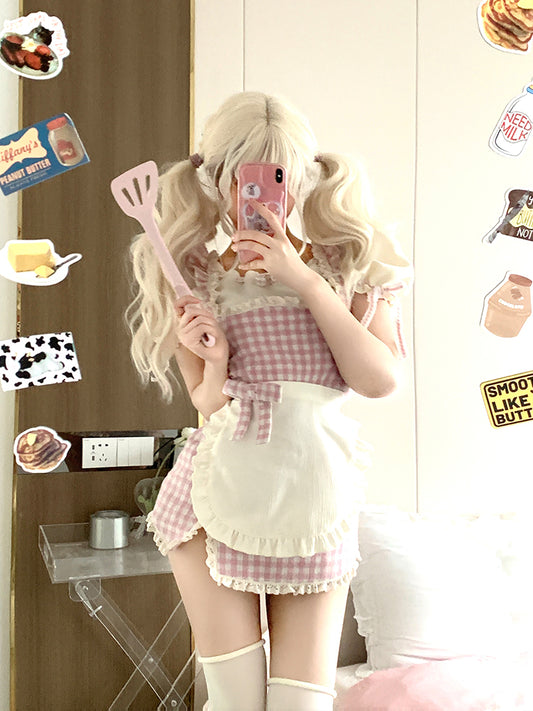 Serendipity Coquette Sweet Girl Cream Puff Sleeve Shirt & Plaid Pink Suspender Strap Dress Apron Maid Two Piece Set