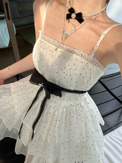 Acacia Saga Polka Dot Pink White Short Strap Dress