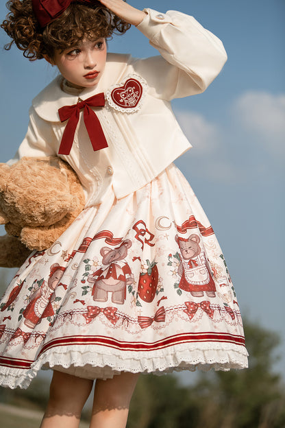 Lolita Teddy Bear Christmas Festive Red White Winter Jacket & Strap Dress Two Piece Set