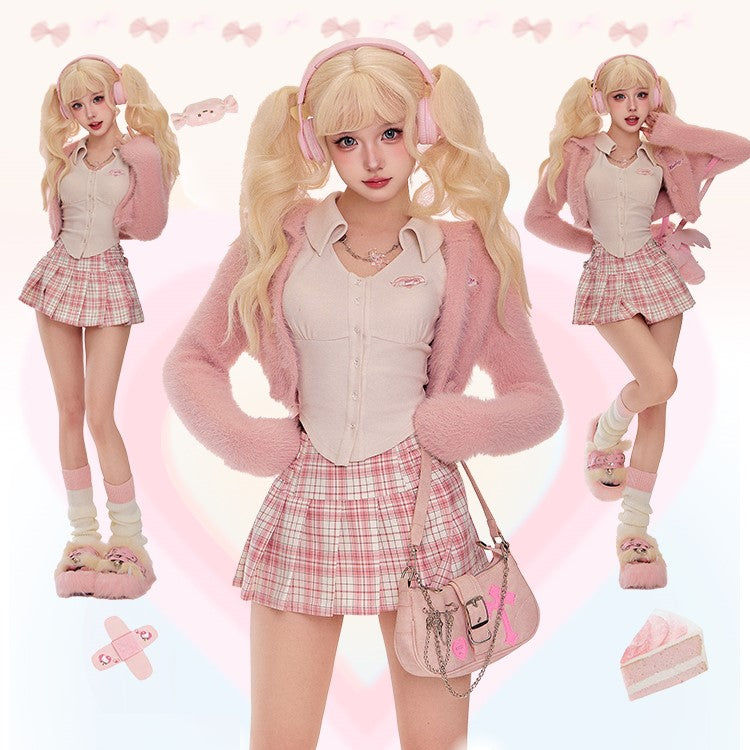 Serendipity Autumn Sweet Pink Plush Cardigan Jacket & White Shirt & Plaid Mini Skirt Three Piece Set