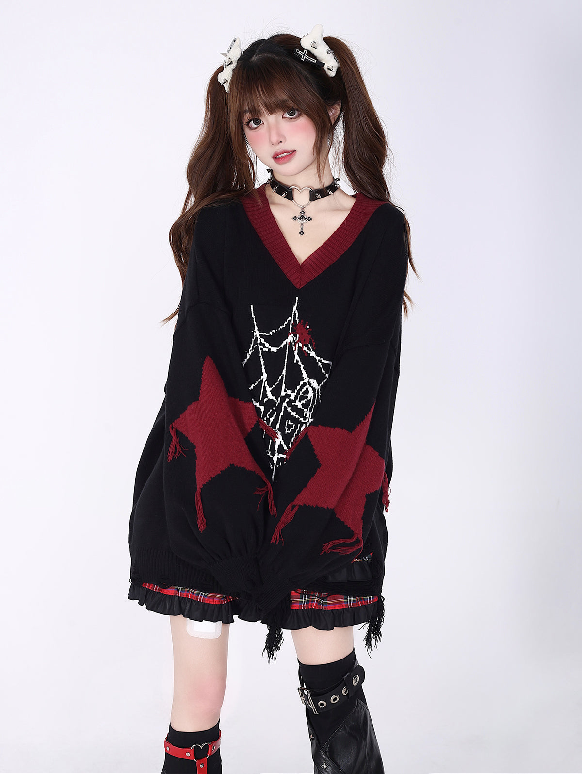 Crazy Girl Love Cycle Spider Web Red Black Sweater Top