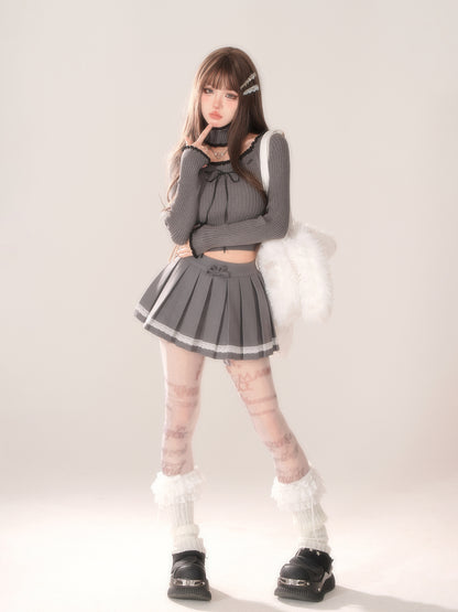 Young Eyes Coquette Bow Lace Collar Gray & White Knit Sweater Top