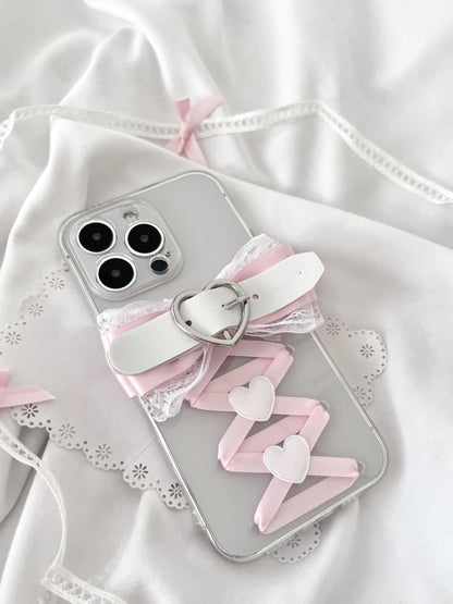 Sweet Coquette Balletcore Pink Bow Heart Handmade Transparent Silicone Phone Case