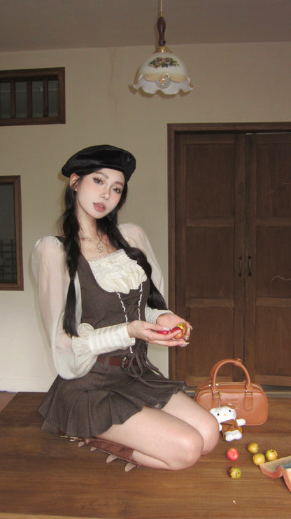 Vintage Ruffled Corset Autumn White Brown Long Sleeve Shirt & Pleated Mini Skirt Two Piece Set