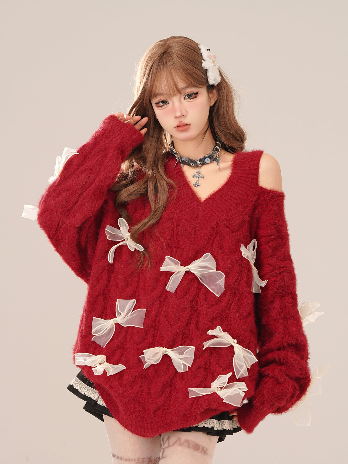 Young Eyes Coquette Bow Fuzzy Knit Red Black Blue V Neck Sweater