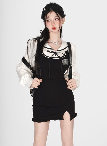 Young Eyes First Love Diary White Sailor Collar Shirt & Black Suspender Dress Two Piece Set