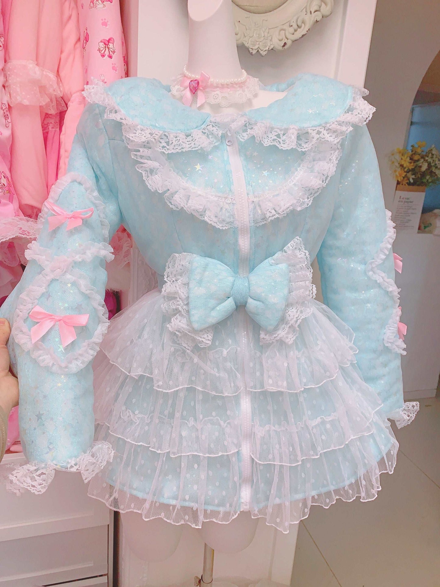 Candy Fairy Pink Blue Purple Lace Sailor Collar Ruffle Winter Padded Puffer Jacket Coat Dress