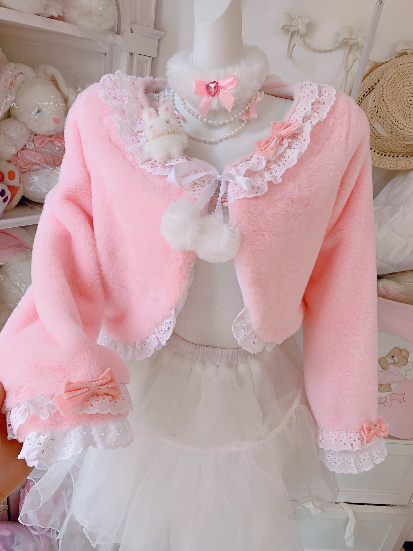 Candy Fairy Pink Blue Lace Sailor Collar Bow Plush Fur Jacket