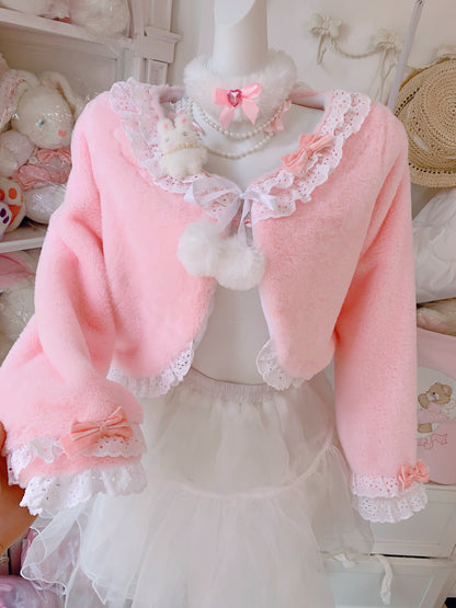 Candy Fairy Pink Blue Lace Sailor Collar Bow Plush Fur Jacket