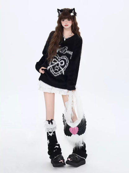 Crazy Girl Sweet Beauty Pink White Black Mohair Sweater