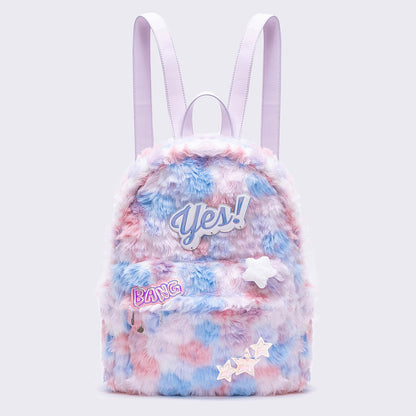 Y2K Star Pink Blue Rainbow Plush Fur School Backpack Bag