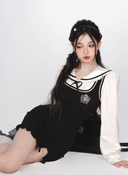 Young Eyes First Love Diary White Sailor Collar Shirt & Black Suspender Dress Two Piece Set