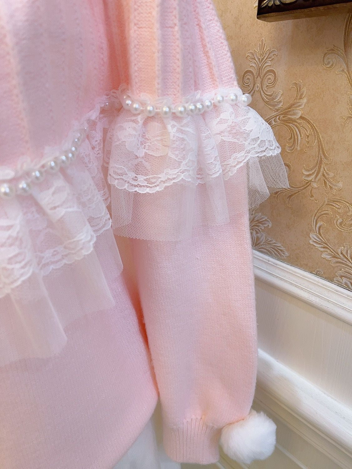 Sweetheart Princess Pearl Lace Furball Pink Knit Loose Sweater