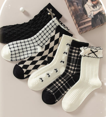 Gothic Black & White Bow Argyle Pattern Cotton Socks 6 Patterns Pairs Sets