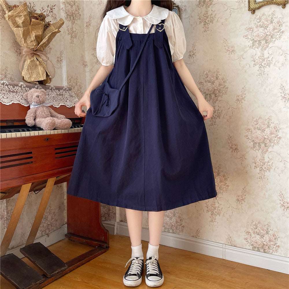 Autumn Mori Girl Heart Navy Blue Black Brown Green Dress Suspender Skirt & White Shirt Blouse Two Piece Set