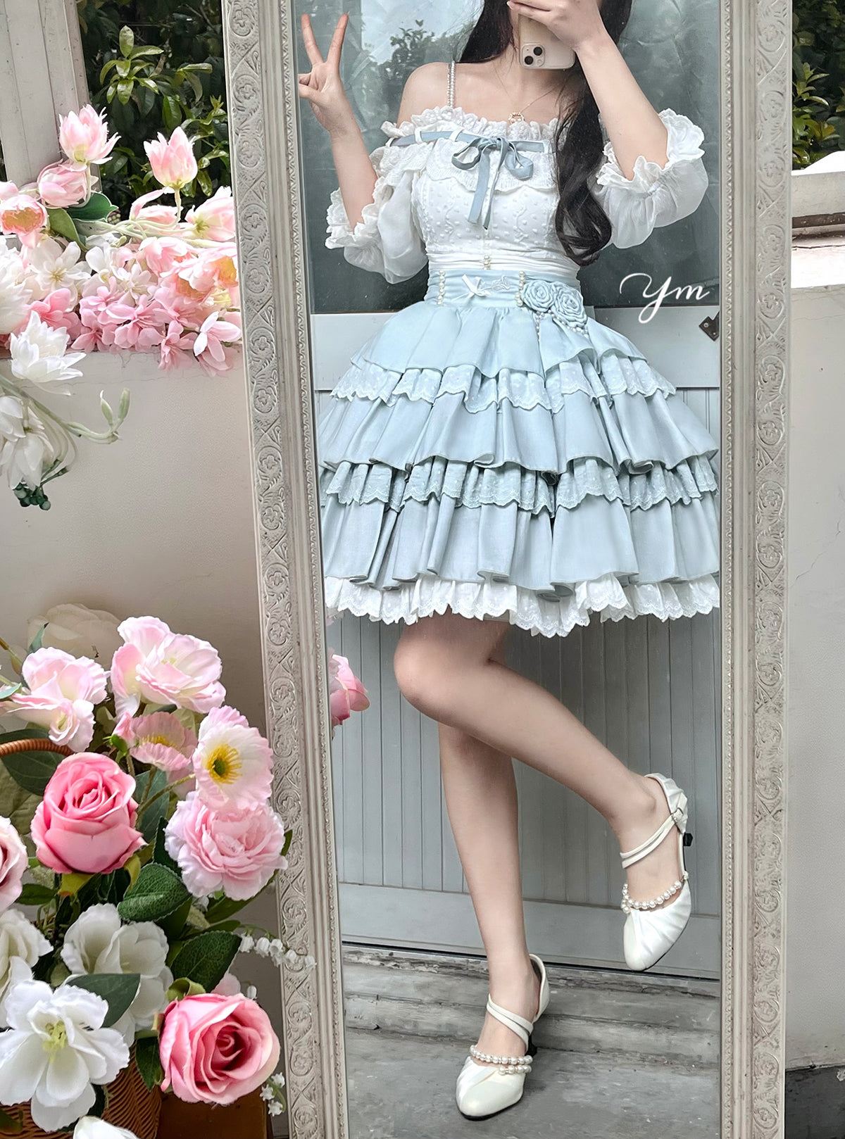 Lolita Flower Academy Princess White Top & Blue Ruffle Skirt Two Piece Set