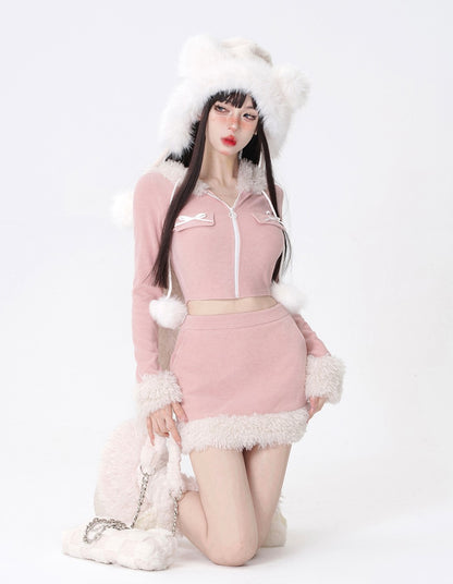 Young Eyes Autumn Pink Rabbit Ears Plush Fur Hooded Jacket & Skirt Two Piece Set