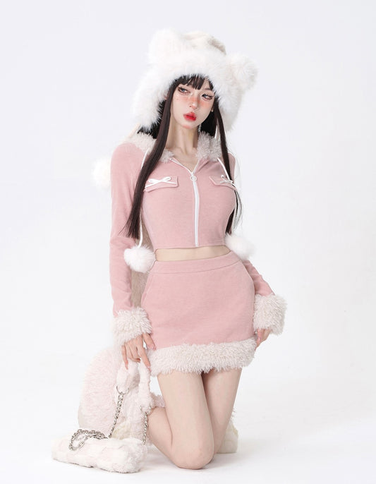 Young Eyes Autumn Pink Rabbit Ears Plush Fur Hooded Jacket & Skirt Two Piece Set