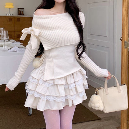 Lazy Girl Coquette Bow Knit Sweater & Ruffled Lace White Mini Skirt Two Piece Set