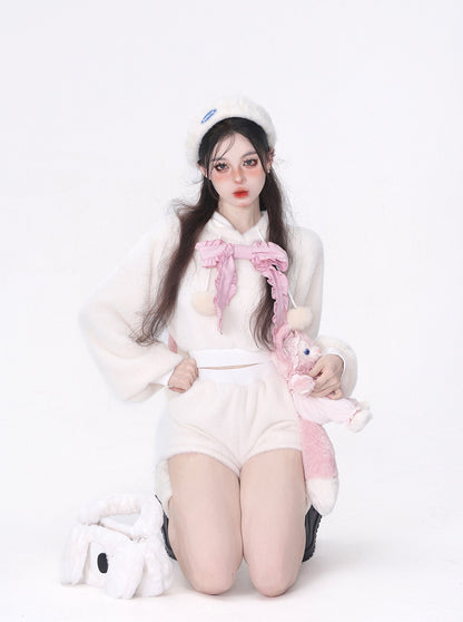 Young Eyes Sweet Bow Bunny Rabbit Hoodie Plush Shorts Two Piece Set