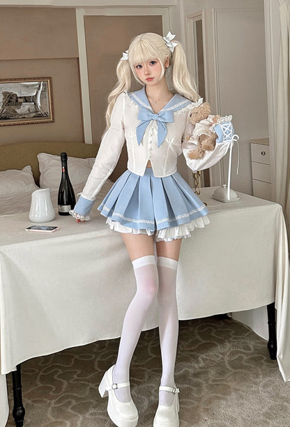 Serendipity Seifuku Sailor School Uniform Pastel Blue White Blouse Shirt & Skirt Two Piece Set