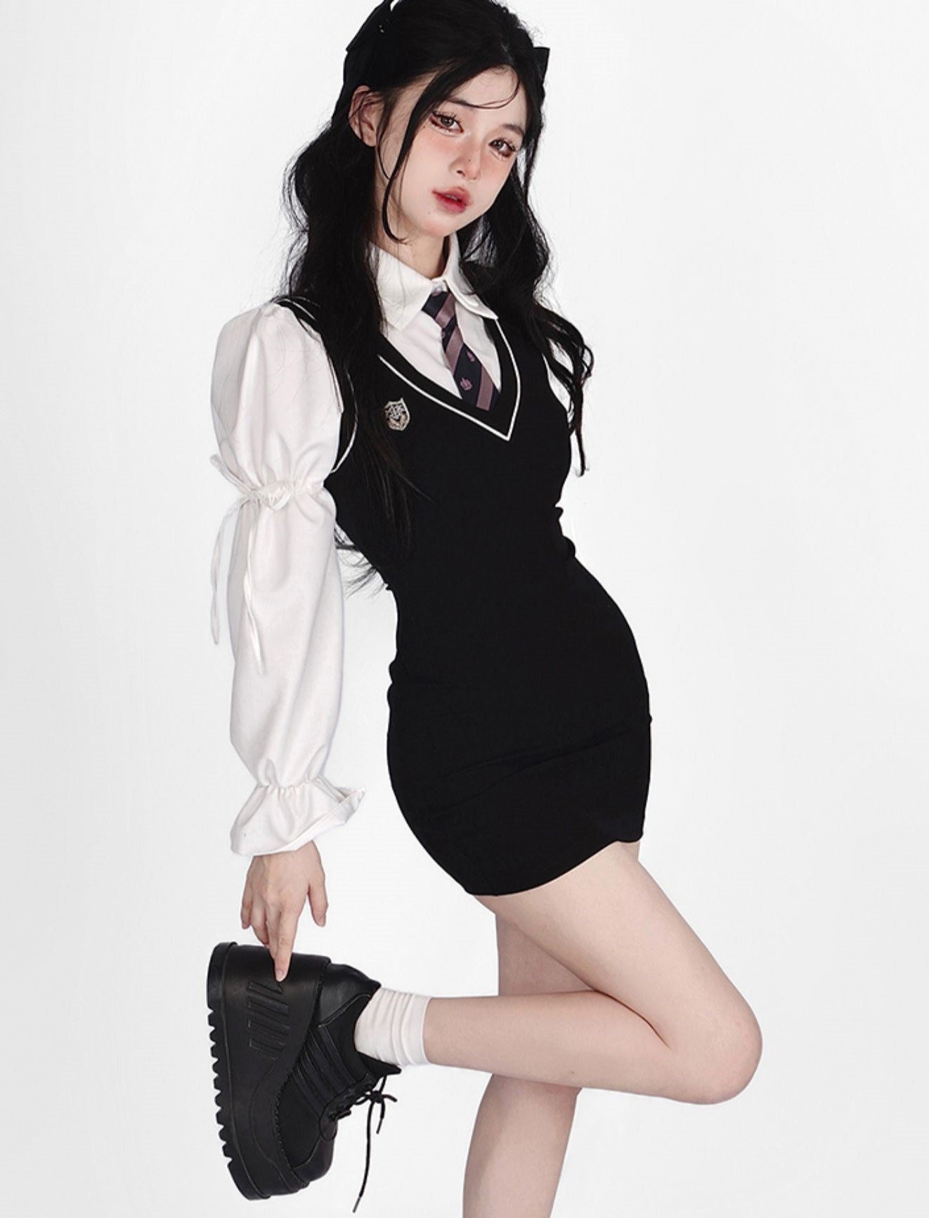 Young Eyes Preppy College School Girl Academia Black & White Shirt Dress Two Piece Set