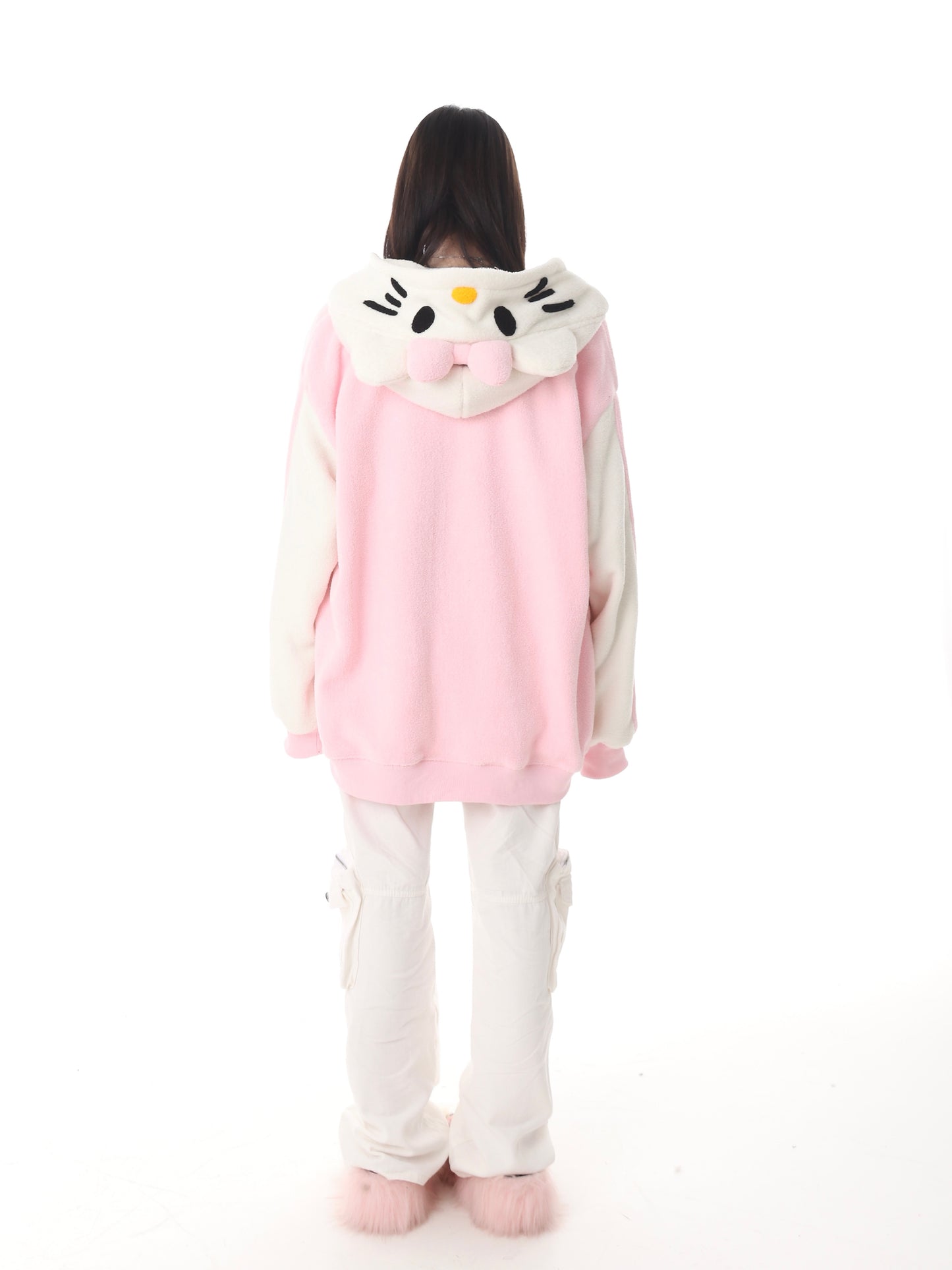 Cute Kitty Cat Pink Black Polar Fleece Y2K Oversize Hoodie Jacket