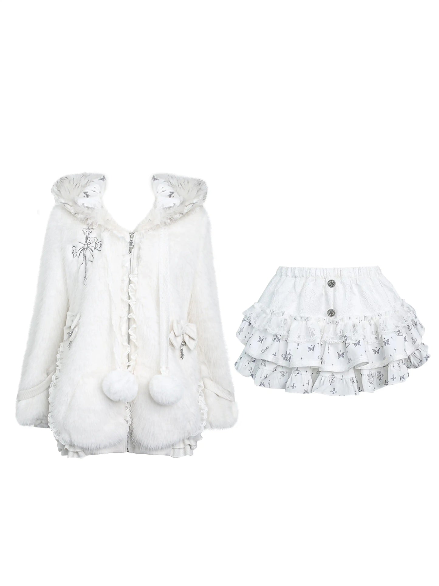 Serendipity Snow Melt Winter White Cat Ears Hoodie & Skirt Two Piece Set