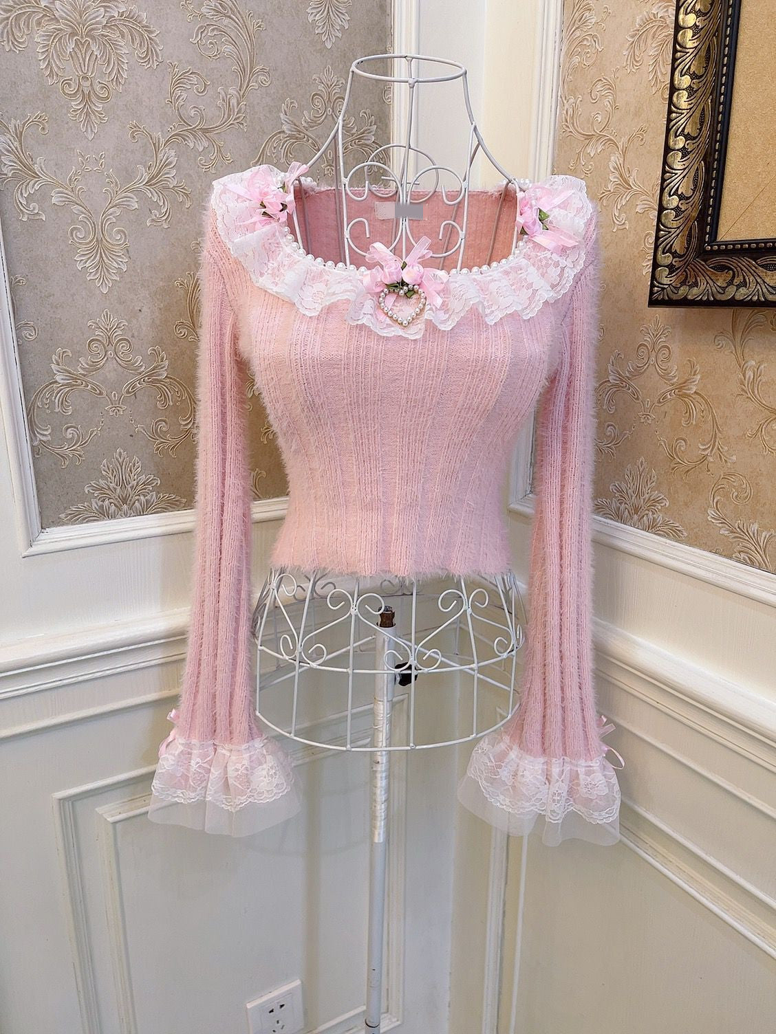 Sweetheart Princess Rose Lace Pink Knit Sweater & Mini Skirt Two Piece Set