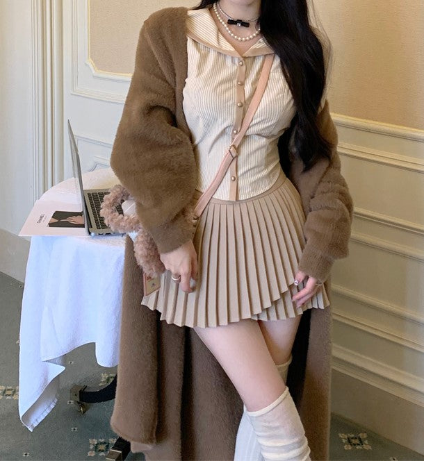 Lazy Girl Riza College Girl Beige Brown Striped Long Sleeve Shirt Top & Skirt Two Piece Set