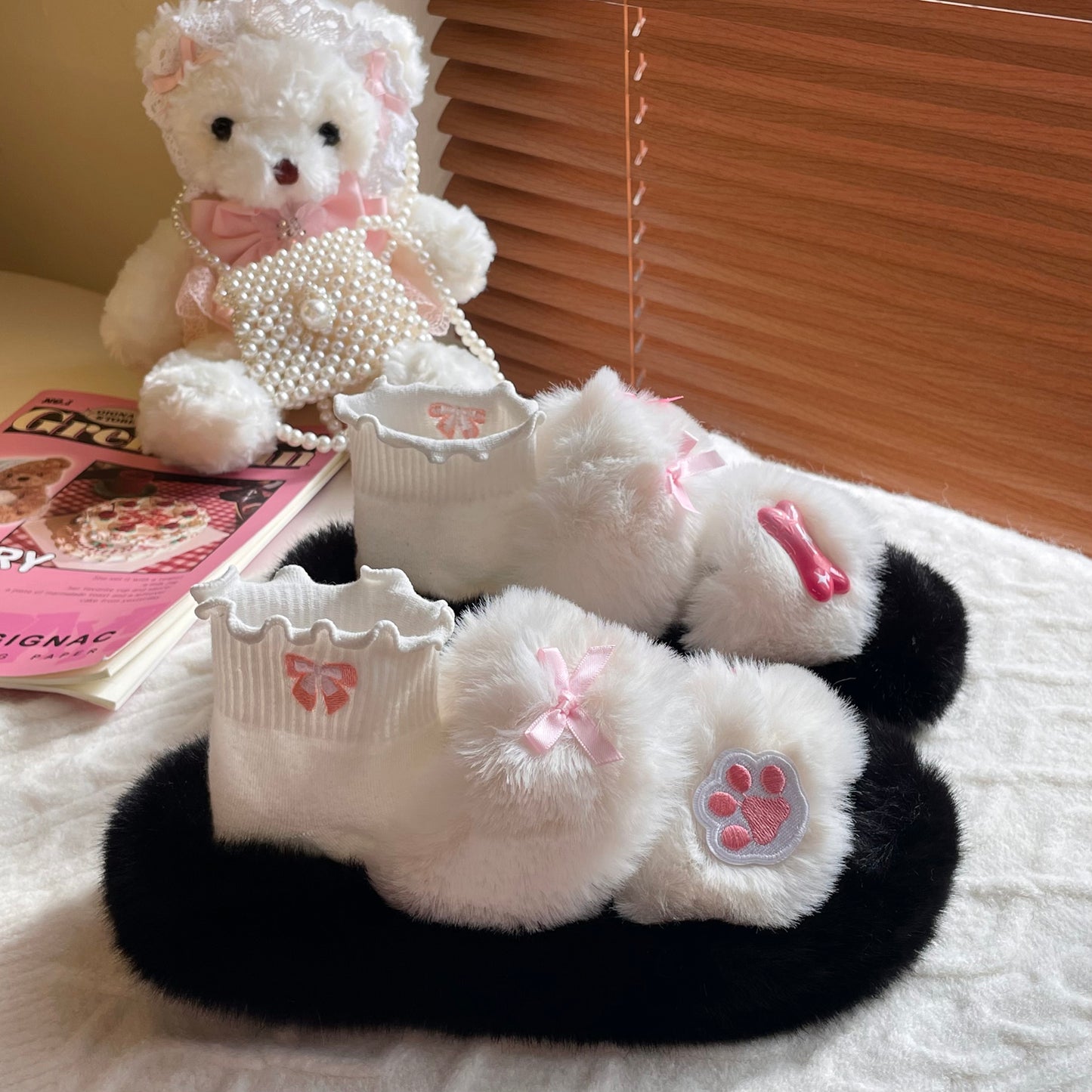 Plush Fluff Dog Paw Bow Furry Winter Shoes Slippers