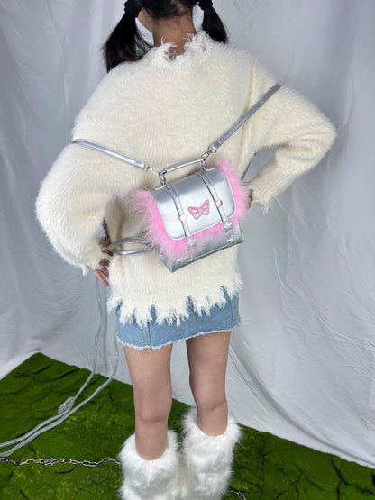 Y2K Silver Butterfly Pink Fuzzy Messenger Bag