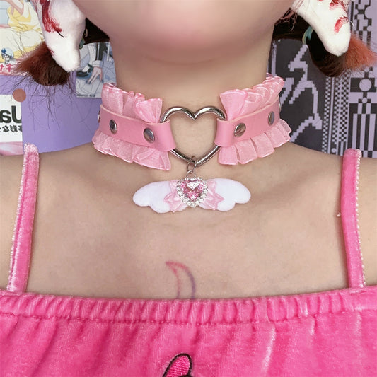 EGL Heart Bow Angel Devil Wings Lace Choker Necklace