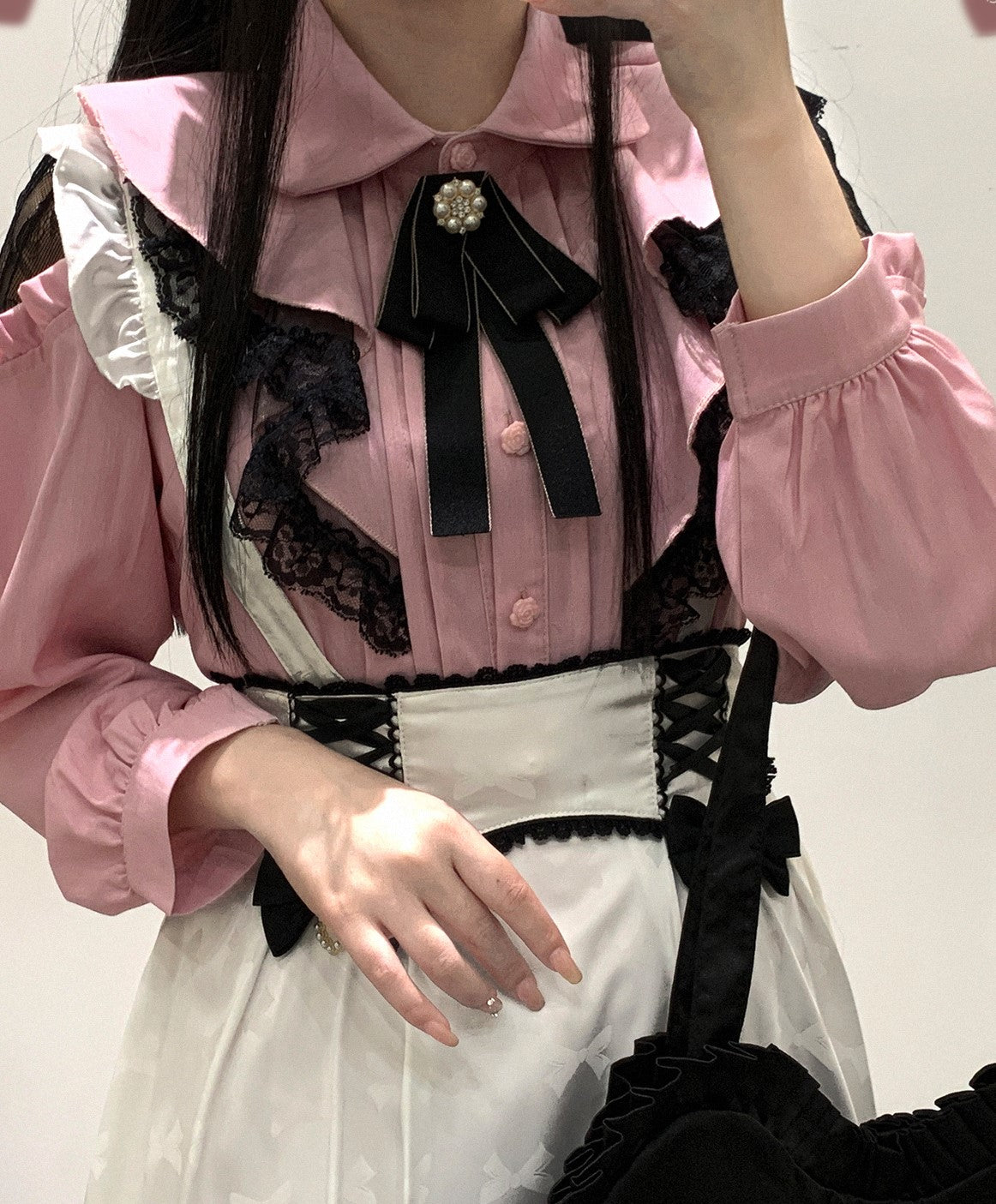 Kitten Bullet Jirai Kei Sweet Lace Ruffled Hollow Off Shoulder Pink Black White Shirt Blouse