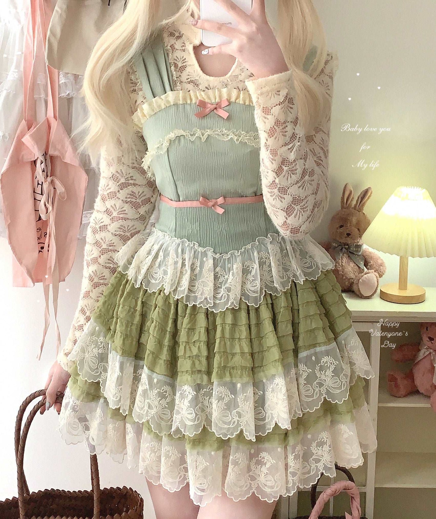 Dormir Doll Balletcore Retro Palace Lace Blue Pink Green Camisole & Skirt Two Piece Set